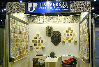 Universal Paper and Plastics display booth built by Manny Stone Decorators